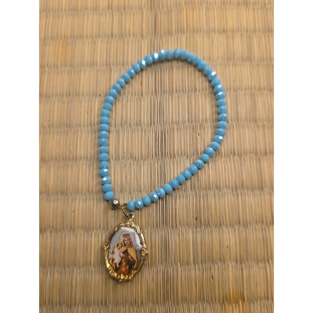 light blue crystal Catholic rosary bracelet